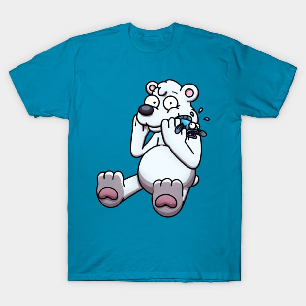 Cartoon Polar Bear Getting Caught Eating Fish T-Shirt by TheMaskedTooner